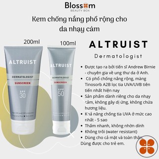 Kem chống nắng Altruist Dermatologist Sunscreen cho da nhạy cảm, phổ rộng cho mặt và body toàn thân