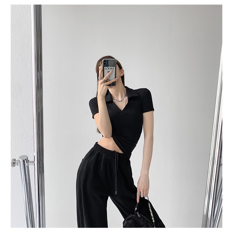 Áo thun MMIOT dệt kim tay ngắn cổ chữ V màu trơn dáng ôm thời trang mùa hè 2023 cho nữ