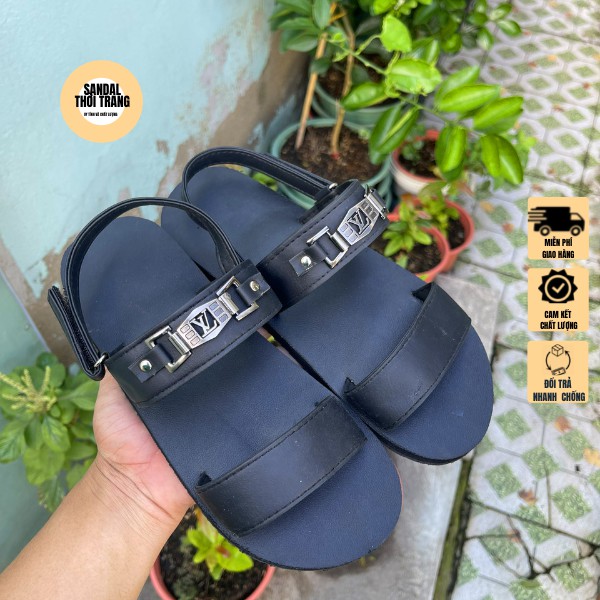 Giày sandal đi học nữ nam full đen khóa Lv cao cấp giá rẻ [ẢNH THẬT 100%]