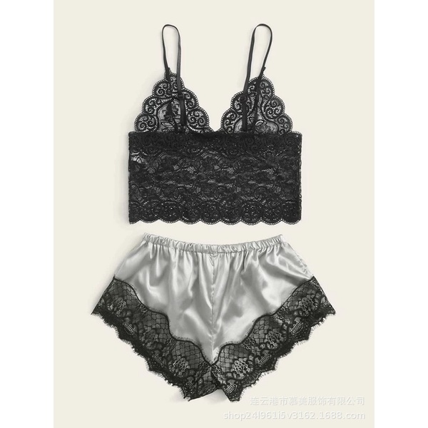 Bộ Đồ Ngủ Quần Lụa Áo Ren Gợi Cảm Quyến Rũ  [CWEAR.SEXY_ĐỒ NGỦ &amp; NỘI Y CAO CẤP]