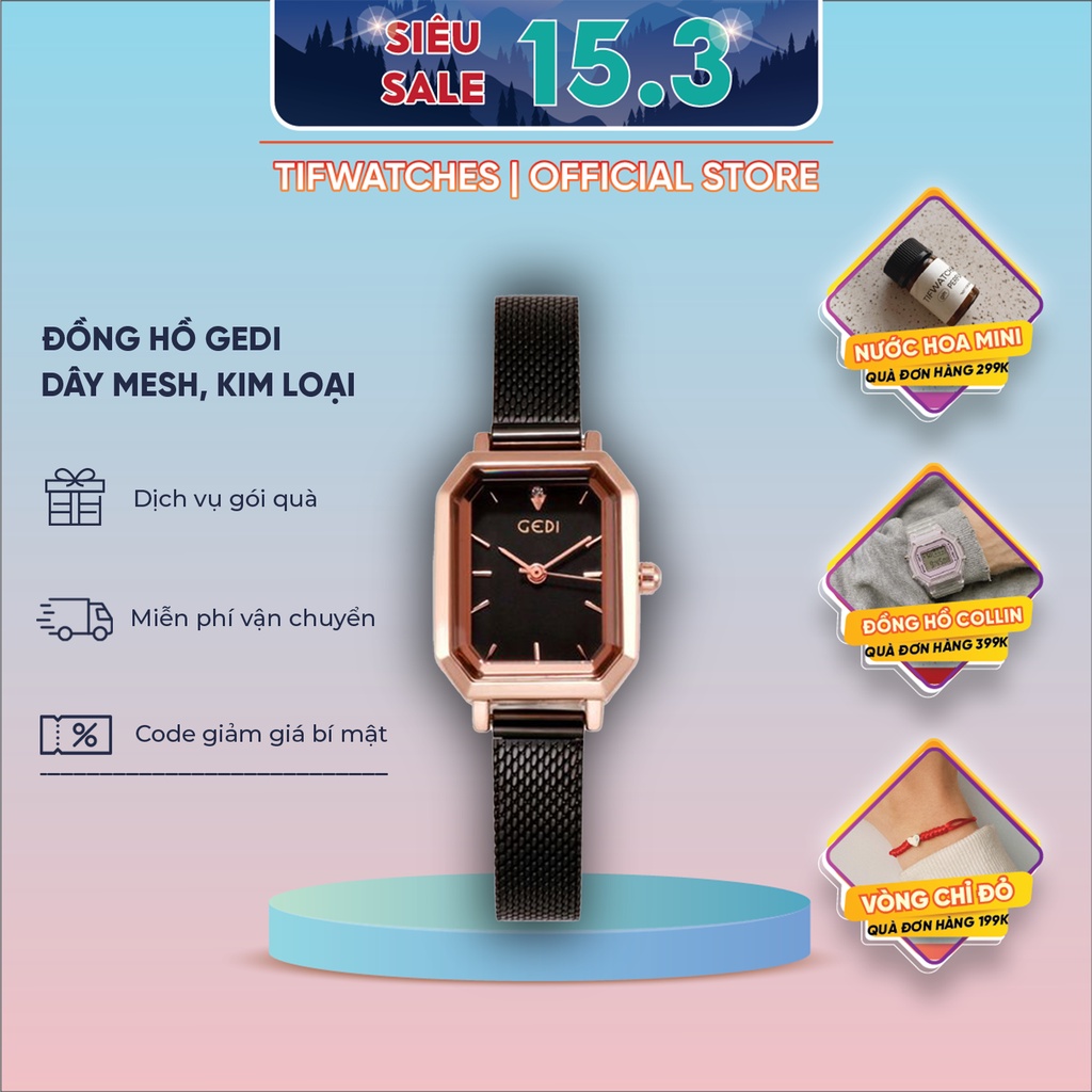 Đồng hồ nữ mặt vuông GEDI full black đồng hồ nữ mặt nhỏ dây kim loại phong cách Hàn Quốc Watchesbytif size 26mm