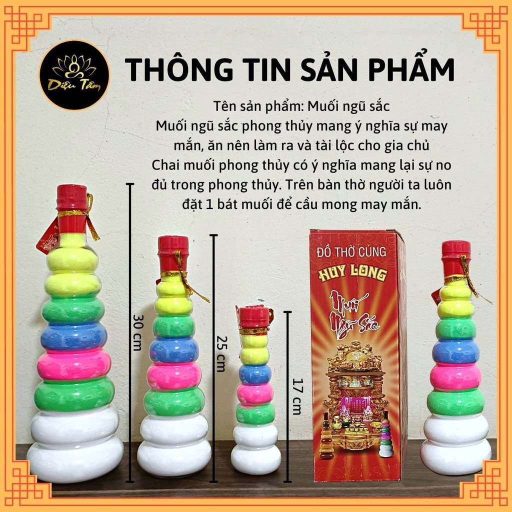 Chai muối ngũ sắc phong thủy bày bàn thờ thần tài đồ thờ cúng.