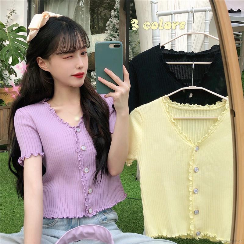 [Baywellfashion]Áo Len Nữ Tay Ngắn Cổ Chữ V Thời Trang Quyến Rũ