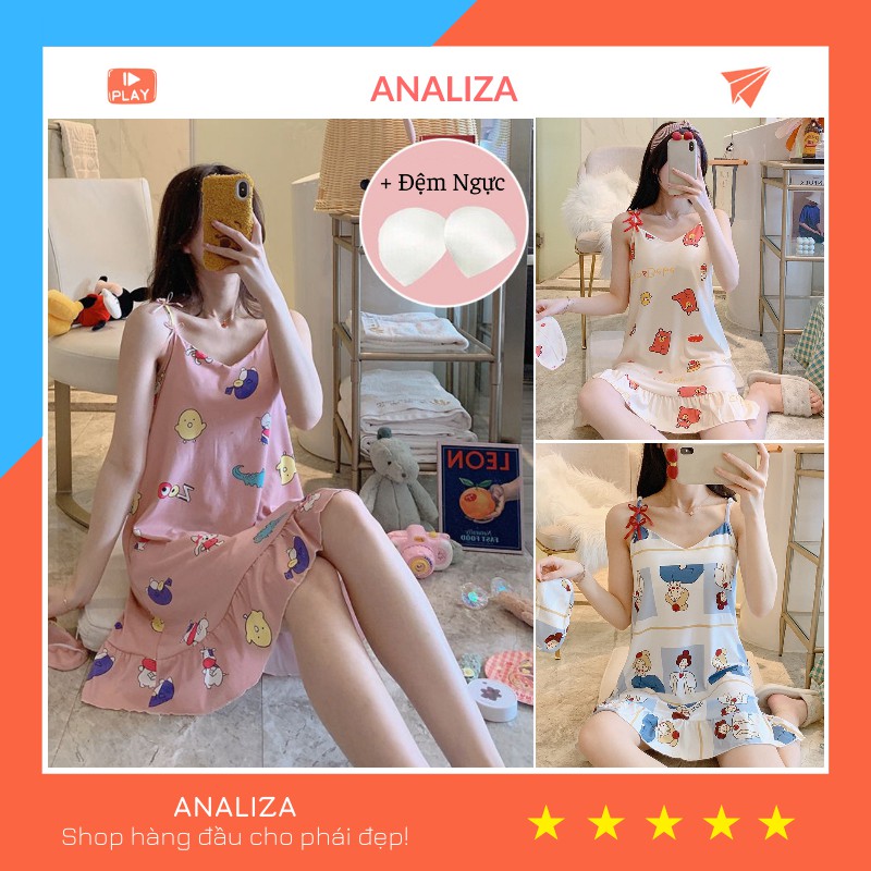 Váy ngủ 2 dây có đệm ngực mùa hè thun mềm mại dễ thương ( tặng kèm bịt mắt )