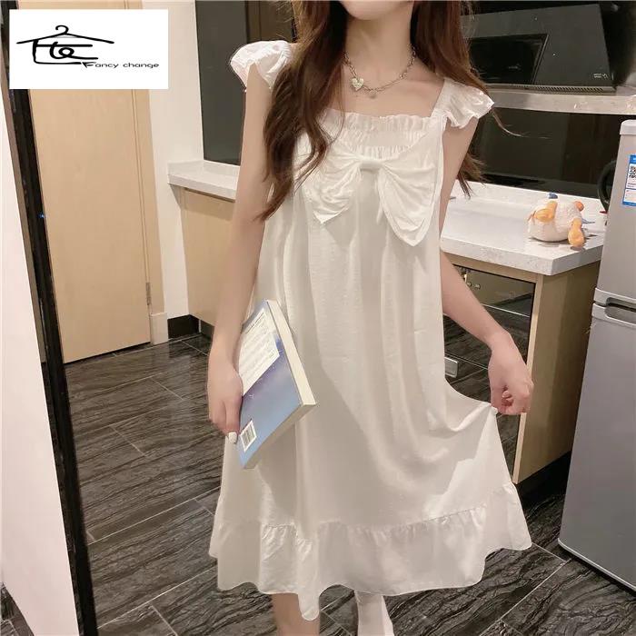 Đầm Ngủ Hai Dây Đính Nơ Dễ Thương Thời Trang Mùa Hè Cho Bạn Gái