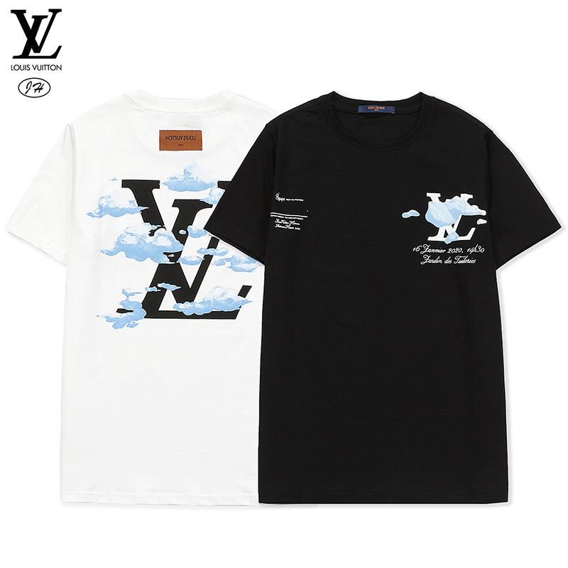 LV Men Women Cotton T-Shirts Blue sky and white clouds Short Sleeves Tops Casual T Shirt Couples Models