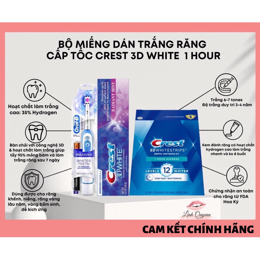 Miếng dán trắng răng Crest 3D White 1 Hour express &amp; Kem đánh trắng răng Crest Radiant và Bàn chải -Combo Trắng cấp tốc