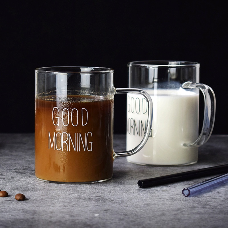 Ly thủy tinh chịu nhiệt uống nước dễ thương GOOD MORNING 400ml,Cốc thủy tinh decor cute ABUSTORE T35