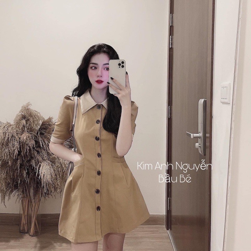 [Hàng Chuẩn] Váy Kaki Cổ Đức Nâu Tay Cộc Túi Bên Siêu Xinh Có Ảnh Thật Kèm Video | BigBuy360 - bigbuy360.vn