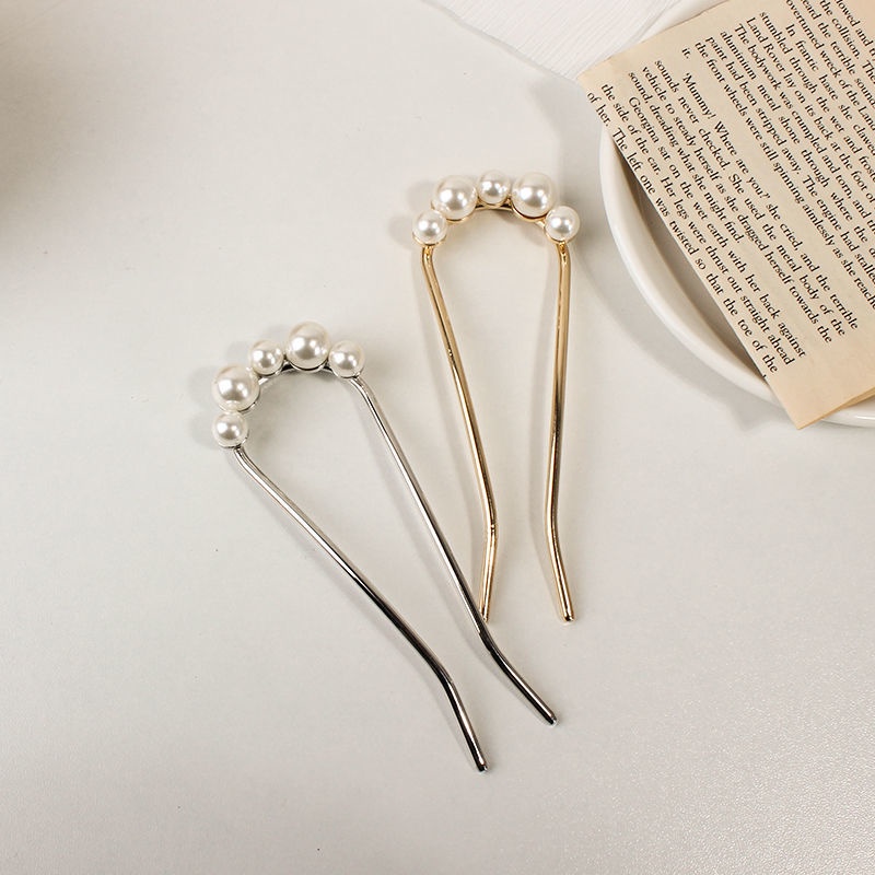 Kẹp tóc cố định hình chữ U bằng kim loại đính ngọc trai nhân tạo phong cách Baroque