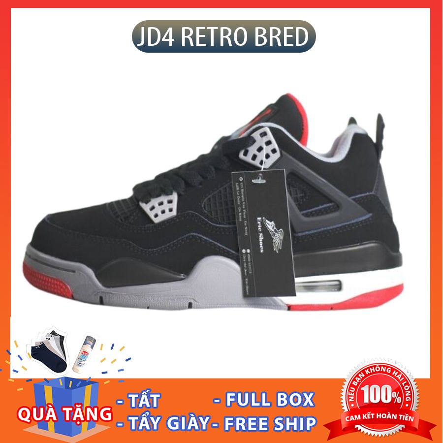 Giày thể thao cổ cao Jordan 4 nam nữ màu đen đỏ, Giày bóng rổ đẹp giá rẻ, Sneaker cao cổ retro bred