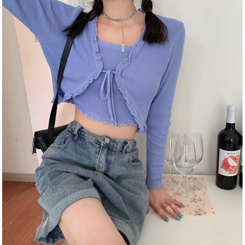 [CÓ SẴN+ẢNH THẬT] Áo croptop nữ len gân thắt nơ tay dài 2021
