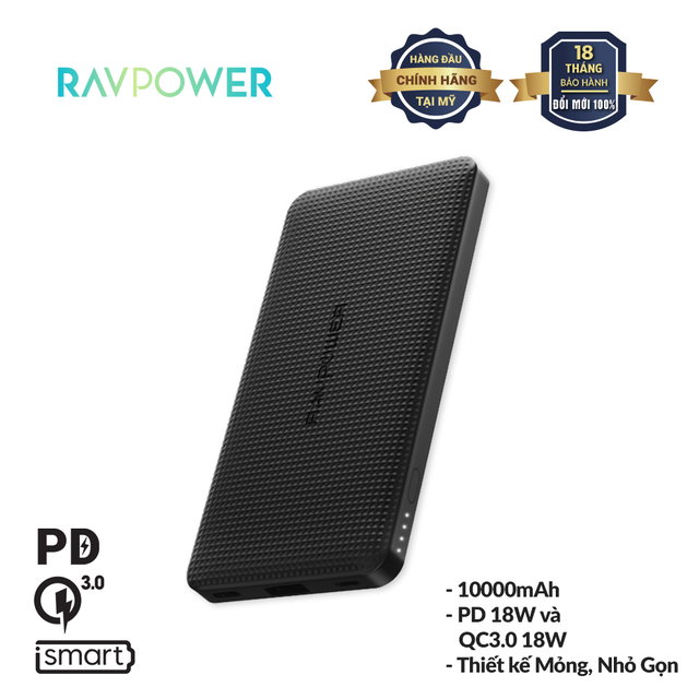 Pin Sạc Dự Phòng RAVPower 10000mAh Sạc Nhanh PD 18W Type-C, Quick Charge 3.0 RP-PB094 (Đ