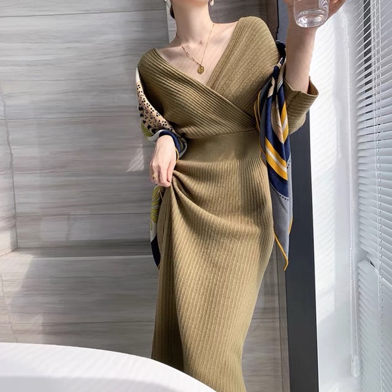 Đầm dệt kim dáng ôm chiết eo thời trang sang trọng cho nữ