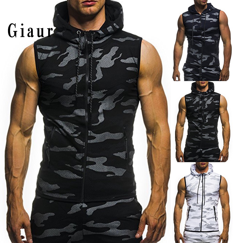 GIAUR  Summer Men Gym Fitness Camouflage Mesh Hoodies Zip Up Sleeveless Hooded Tank Top