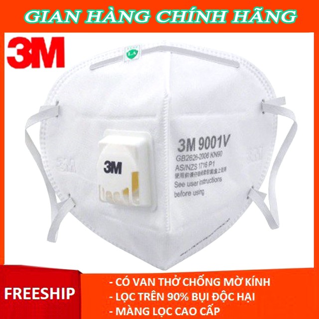 Khẩu trang 3M 9001V N95 KN95 P2 FFP2 lọc 95% bụi mịn PM2 5 có van thở chính hãng