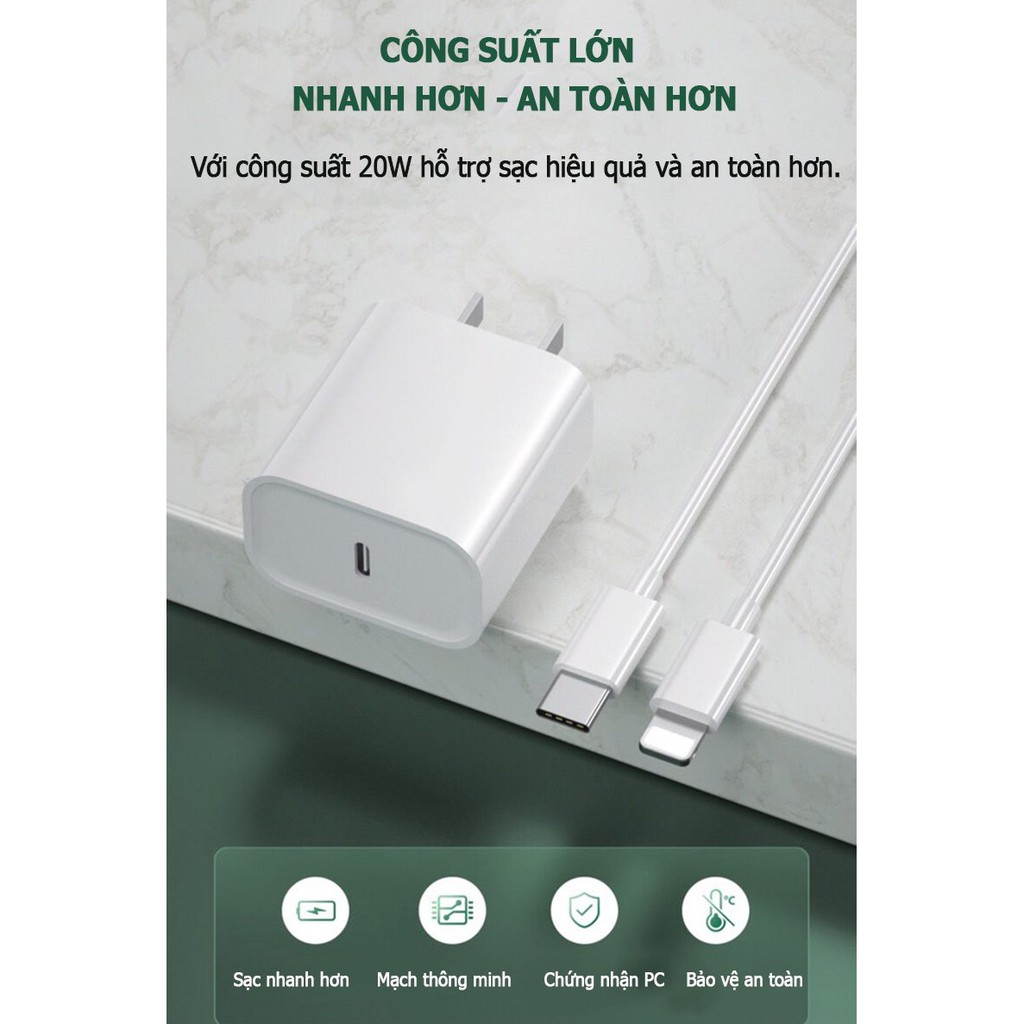 Bộ dây cáp và củ sạc nhanh 20W chuẩn PD Dây cáp sạc typeC to lightning cho 5/6/7/8/X/12 phụ kiện HC bảo hành 12 tháng