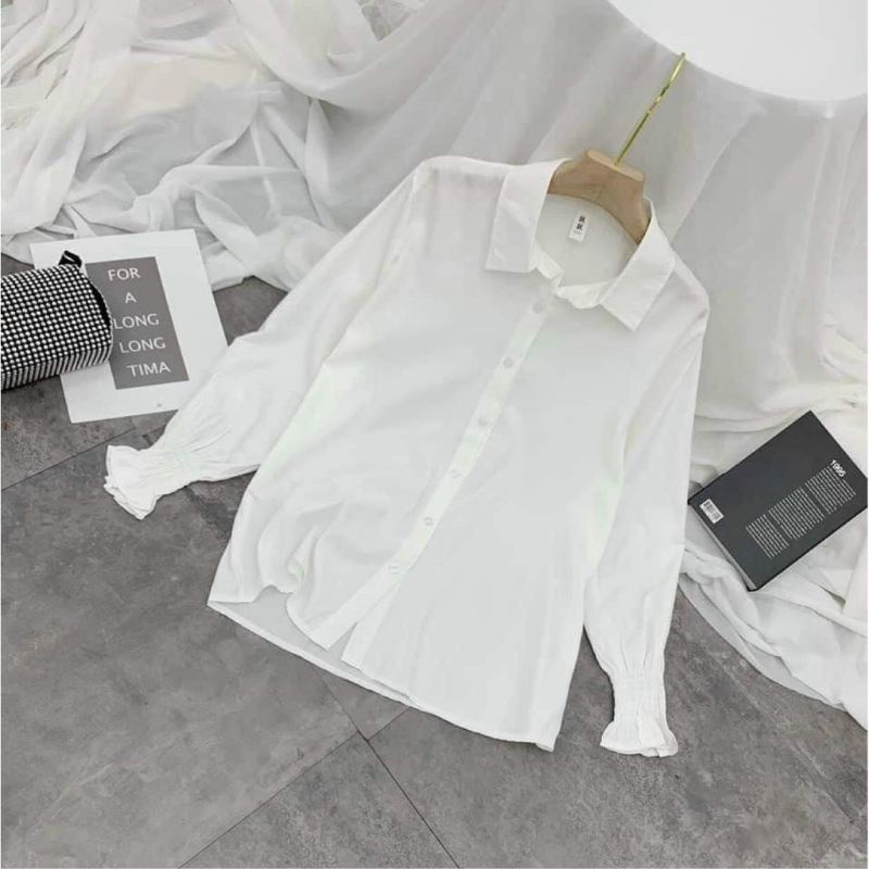 Áo sơ mi nữ trắng đi học tay dài bo nhúm cổ bẻ basic form rộng vừa - Sơ mi đi học sinh nữ trắng tay dài 002