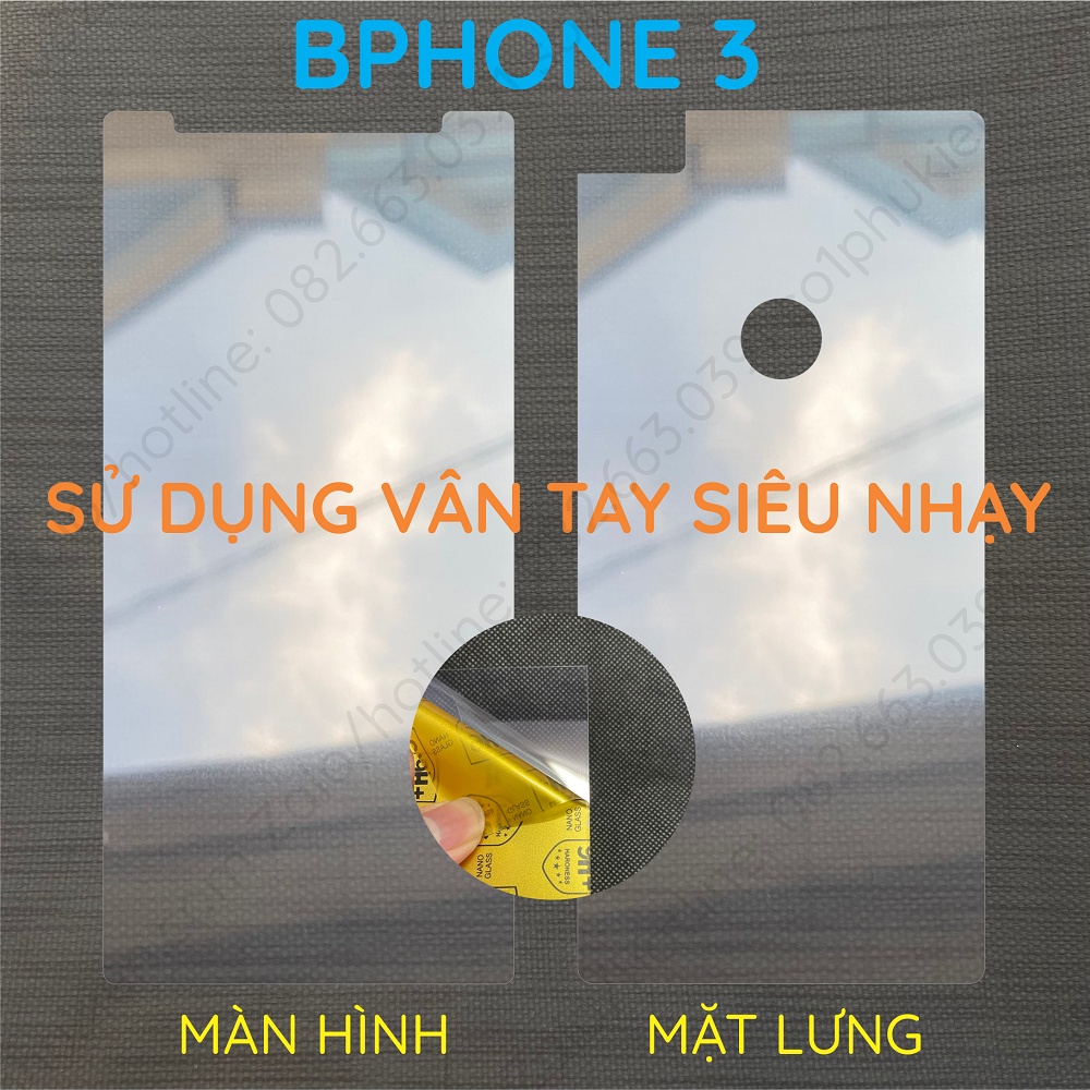 Dán cường lực Bphone 3 màn hình, mặt lưng loại trong suốt, nhám chống vân tay, bảo vệ mắt