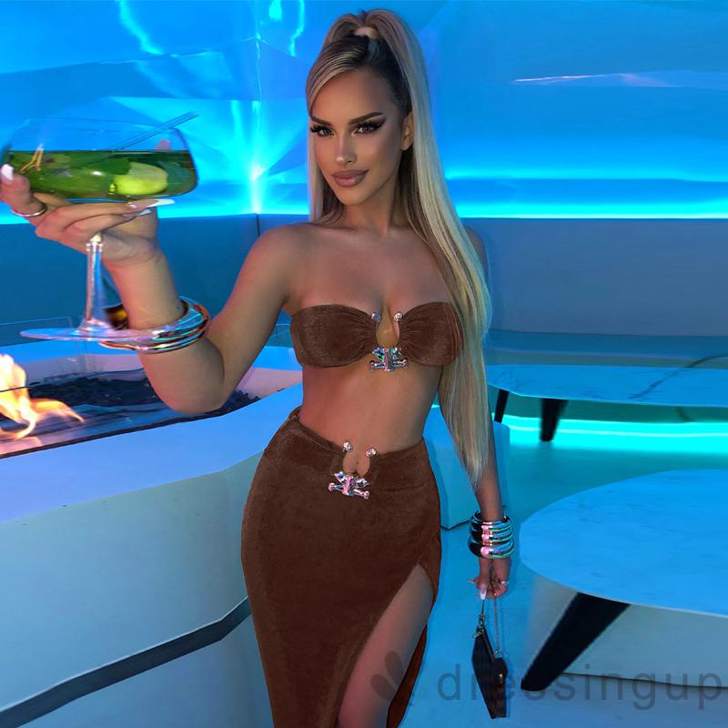 Áo ống màu trơn và Chân váy xẻ tà thời trang hè quyến rũ cho nữ