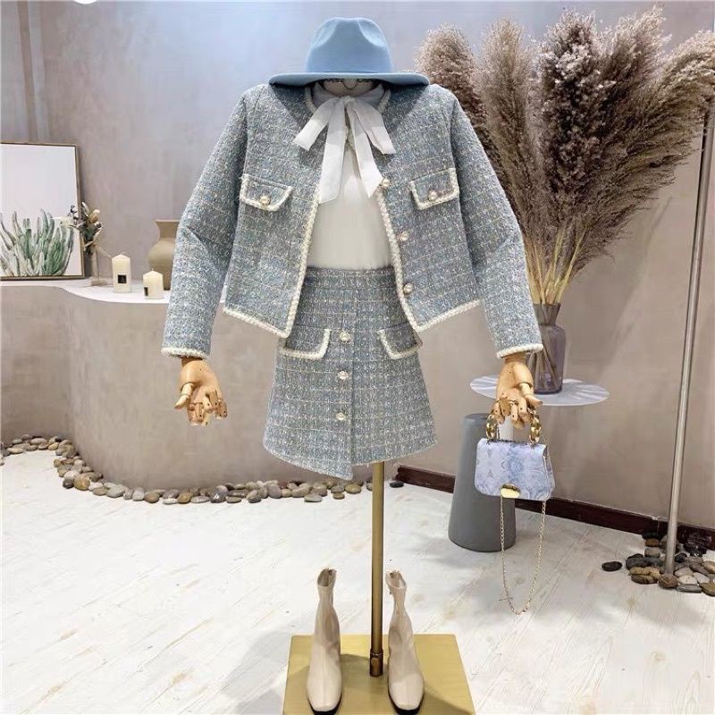 Set dạ tweed xanh 2 món tiểu thư basic dễ mặc kèm ảnh thật MS30