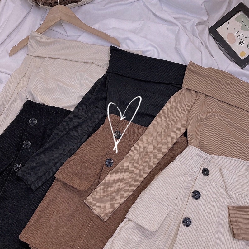 Set Áo Len Trễ Vai Mix Chân Váy Nhung Tăm