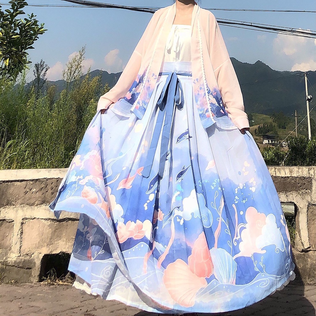 Váy Xếp Ly Mỏng Ngắn Tay Phong Cách Hanfu Cá Tính Qian Wanju 07.15