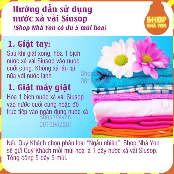 50 bịch nước xả vải Siusop nhiều màu hương hoa thiên nhiên bảo vệ vải không phai màu thơm lâu - được chọn màu