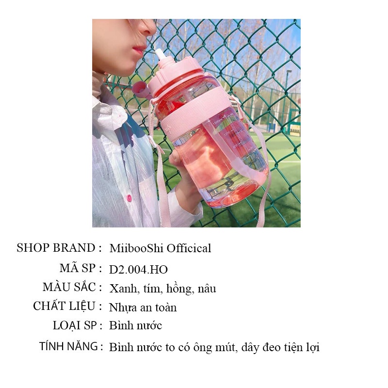 Bình nước cute cho bé bằng nhựa có dây đeo ống hút tiện lợi chia vạch nhắc nhở MiibooShi D2.004.HO