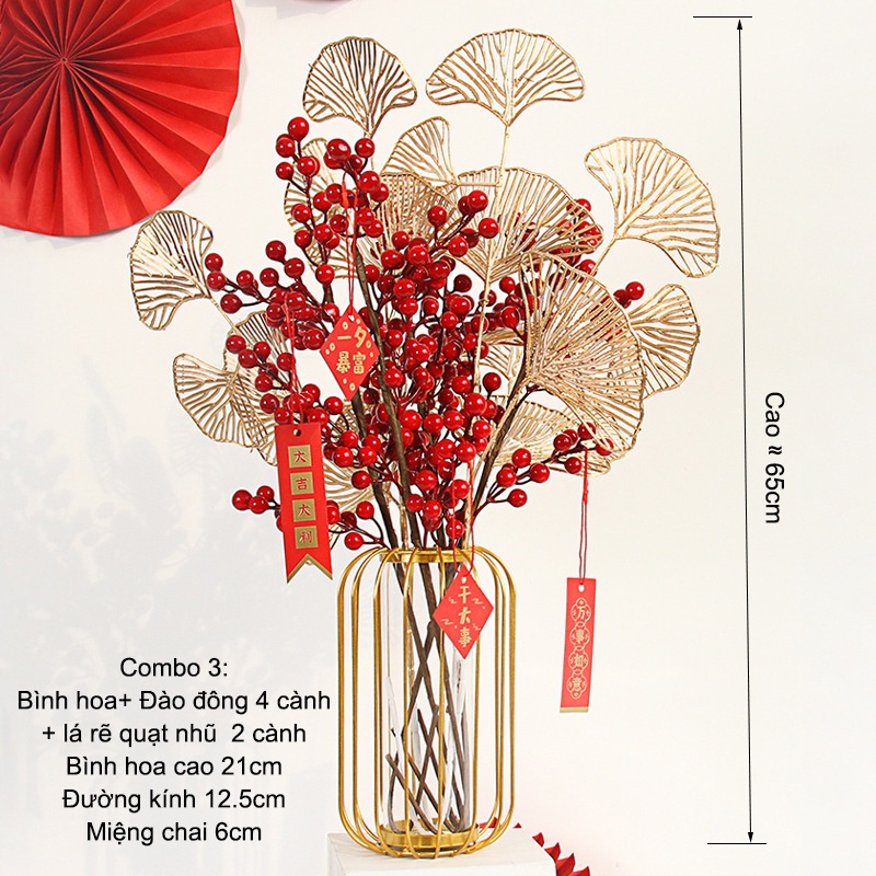 Combo Bình Và Hoa Đào đông Lá Quạt trang trí Tết May mắn Tài lộc SG.DECOR