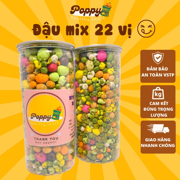 Đậu mix 22 vị đồ ăn vặt ngon POPPY,ăn vặt dinh dưỡng, đảm bảo chất lượng ATTP hộp PET cao cấp 400gr