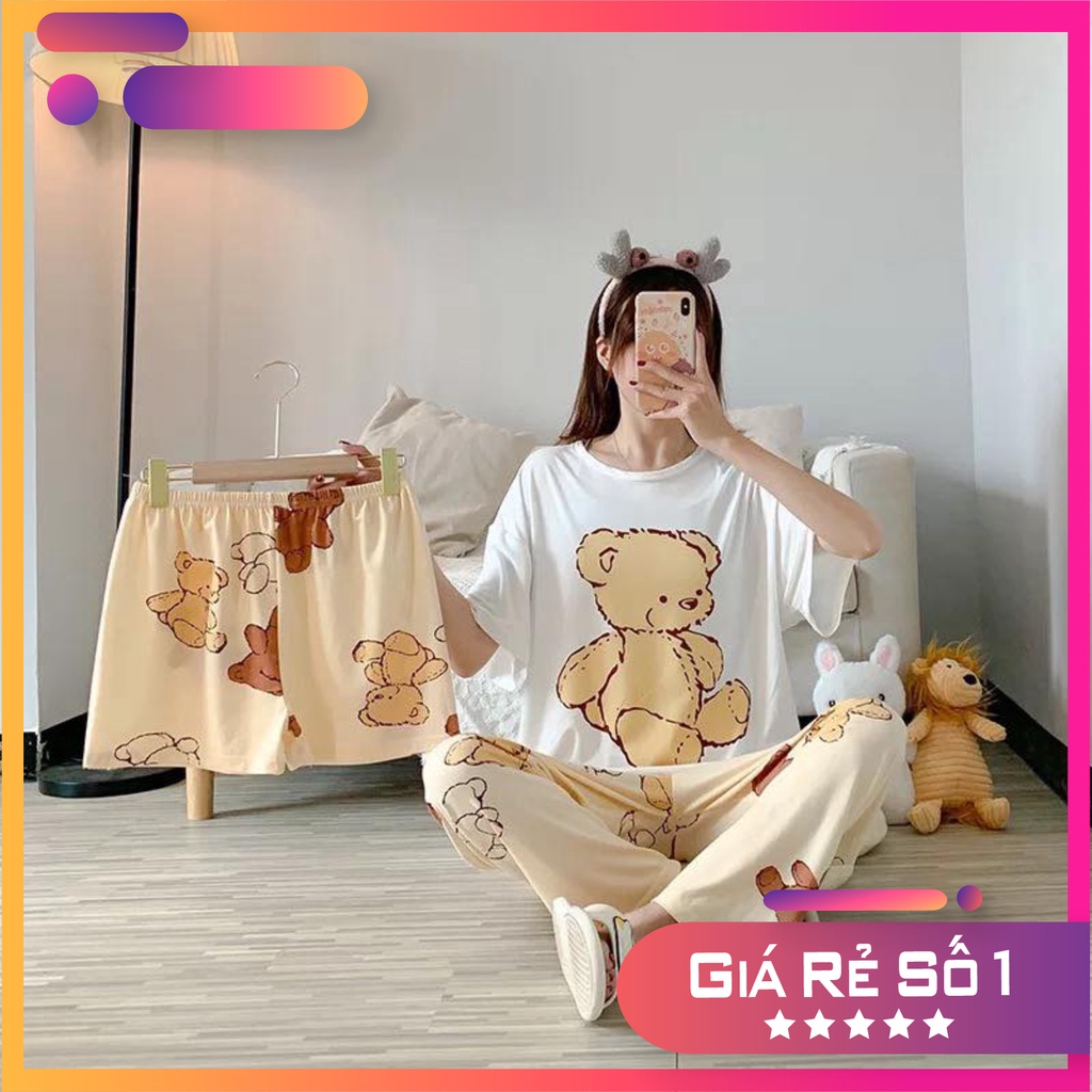 Bộ nữ giá rẻ mặc trong nhà set 3 món áo, quần dài, quần đùi giá nữ mùa he mặc thoải mái