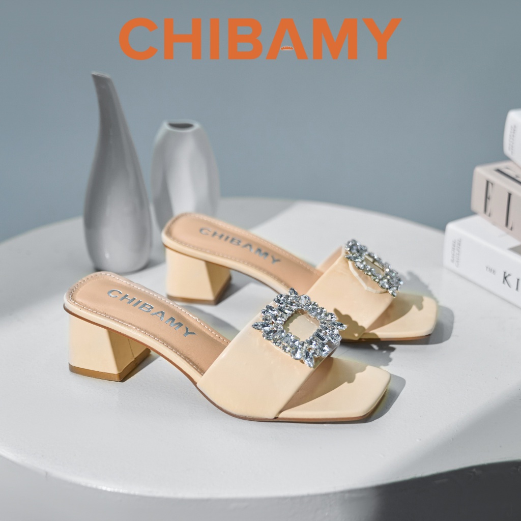 Guốc cao gót nữ đính đá CHIBAMY cao 5cm gót vuông chất da mềm mã GU01