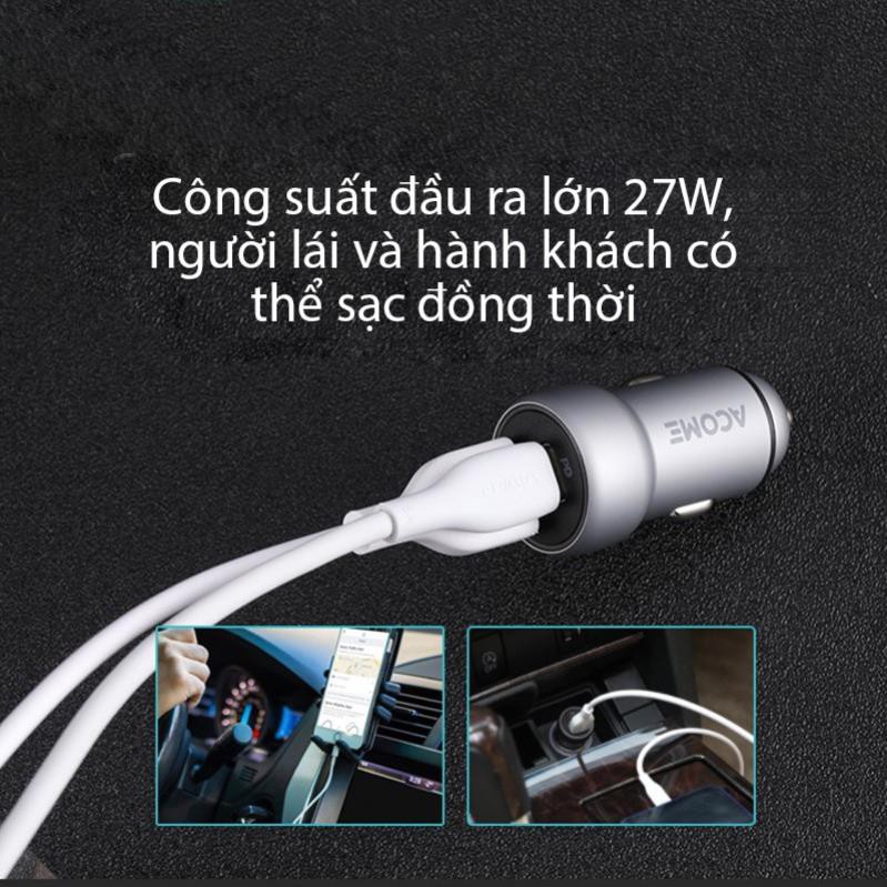 Cốc sạc Ôtô ACOME ACC02 2 Cổng Sạc USB &amp; PD QC 3.0 27W - BẢO HÀNH 1 ĐỔI 1 CHÍNH HÃNG