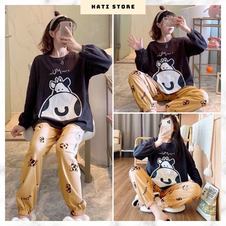 Set bộ nữ dài hình chú bò, Set quần dài áo thun tay dài mặc nhà NA55