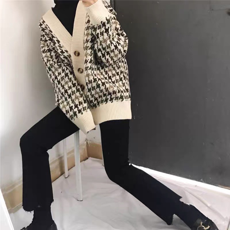 Áo Len Cardigan Nữ Họa Tiết Thổ Cẩm Kẻ Nhỏ Phong Cách Hàn Quốc