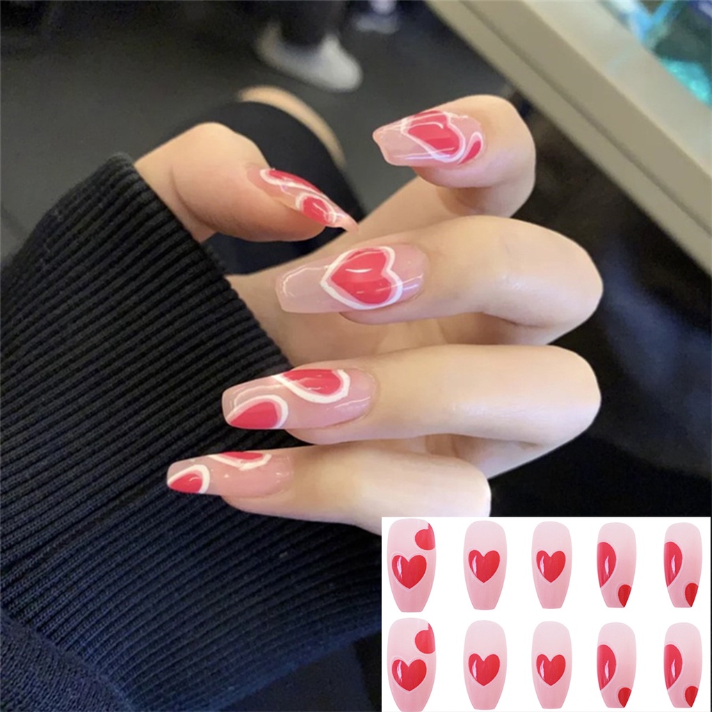 [Hàng mới về] Set 24 Móng tay giả họa tiết trái tim đỏ trang trí thời trang cho nữ