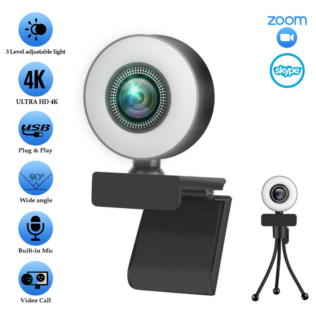 Webcam Full HD 1080p 2K Tích Hợp Đèn Led Trợ Sáng Livestream Có Mic HTZ002