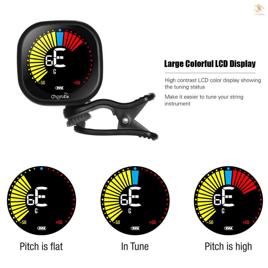 ET Cherub WST-670 Rechargeable Clip-on Guitar Tuner LCD Color Display for Chromatic Guitar Ukulele Violin Built-in Battery with USB Charging Cable