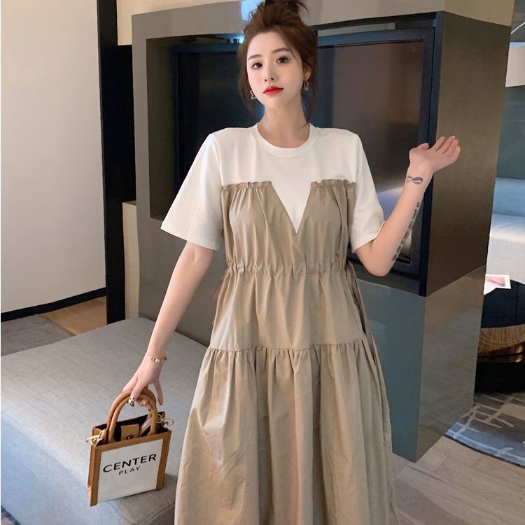 Đầm Tay Ngắn Dáng Rộng Cột Dây Eo Màu Sắc Tương Phản Phong Cách Hàn Quốc Thời Trang Mùa Hè Xinh Xắn Cho Nữ