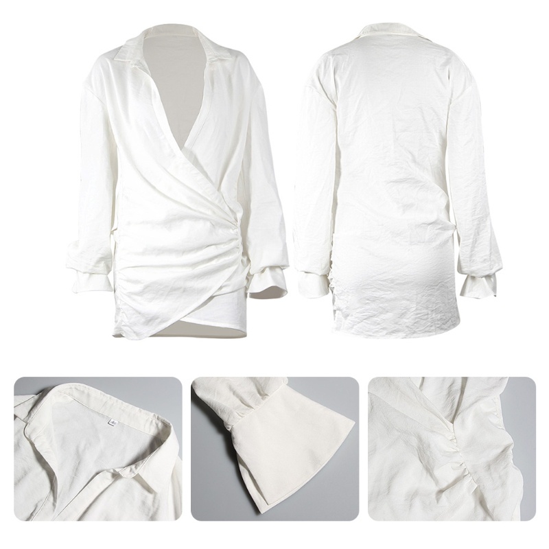 Xiangbao Đầm Sơ Mi Vải Lanh Trắng Viền Chéo Cổ Chữ V Tay Dài Khoét Sâu Cho Nữ