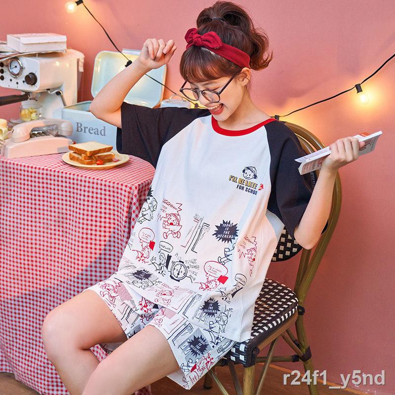 Pyjama nữ Quần short cotton ngắn tay mùa hè, ống rộng phiên bản Hàn Quốc mặc nhà mỏng size lớn có thể bên ngoàiT