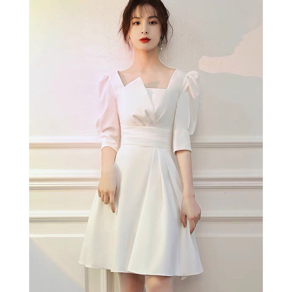 Váy trắng xòe thết kế cổ kiểu tay phồng dài đẹp lạ | BigBuy360 - bigbuy360.vn