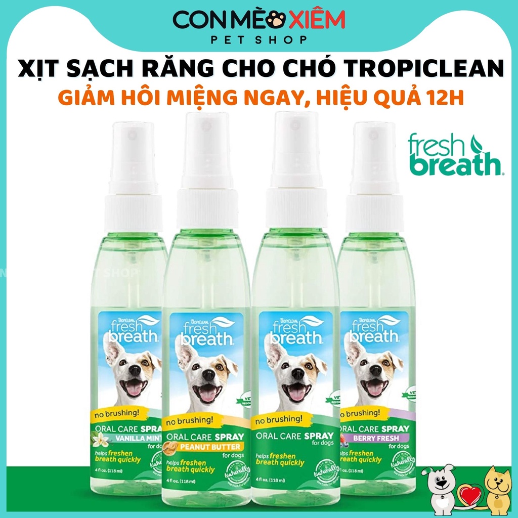 Xịt miệng cho chó mèo Tropiclean 118ml, vệ sinh chăm sóc răng miệng thơm mảng bám hôi miệng Con Mèo Xiêm