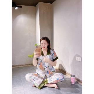 Bộ pizama lụa latin cổ sen tay ngắn