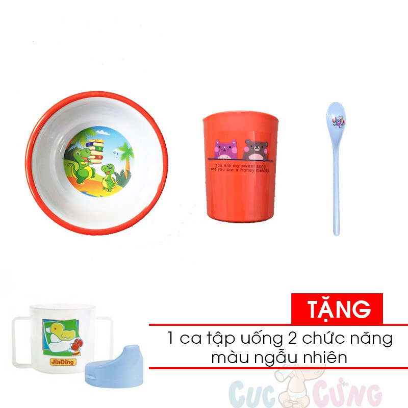 Bộ Tô trẻ em in hình bằng nhựa + ly uống nước in hình + muỗng cán dài Tặng 1 ca tập uống 2 chức năng màu ngẫu nhiên