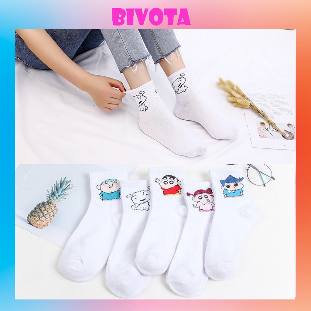Set 5 đôi tất cổ cao Bivota vớ dễ thương in họa tiết nhân vật shin cực đẹp T02