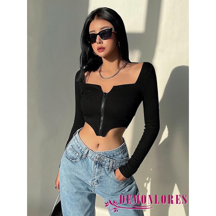 Áo Crop Top Tay Dài Màu Trơn Có Khóa Kéo Thời Trang Cho Nữ