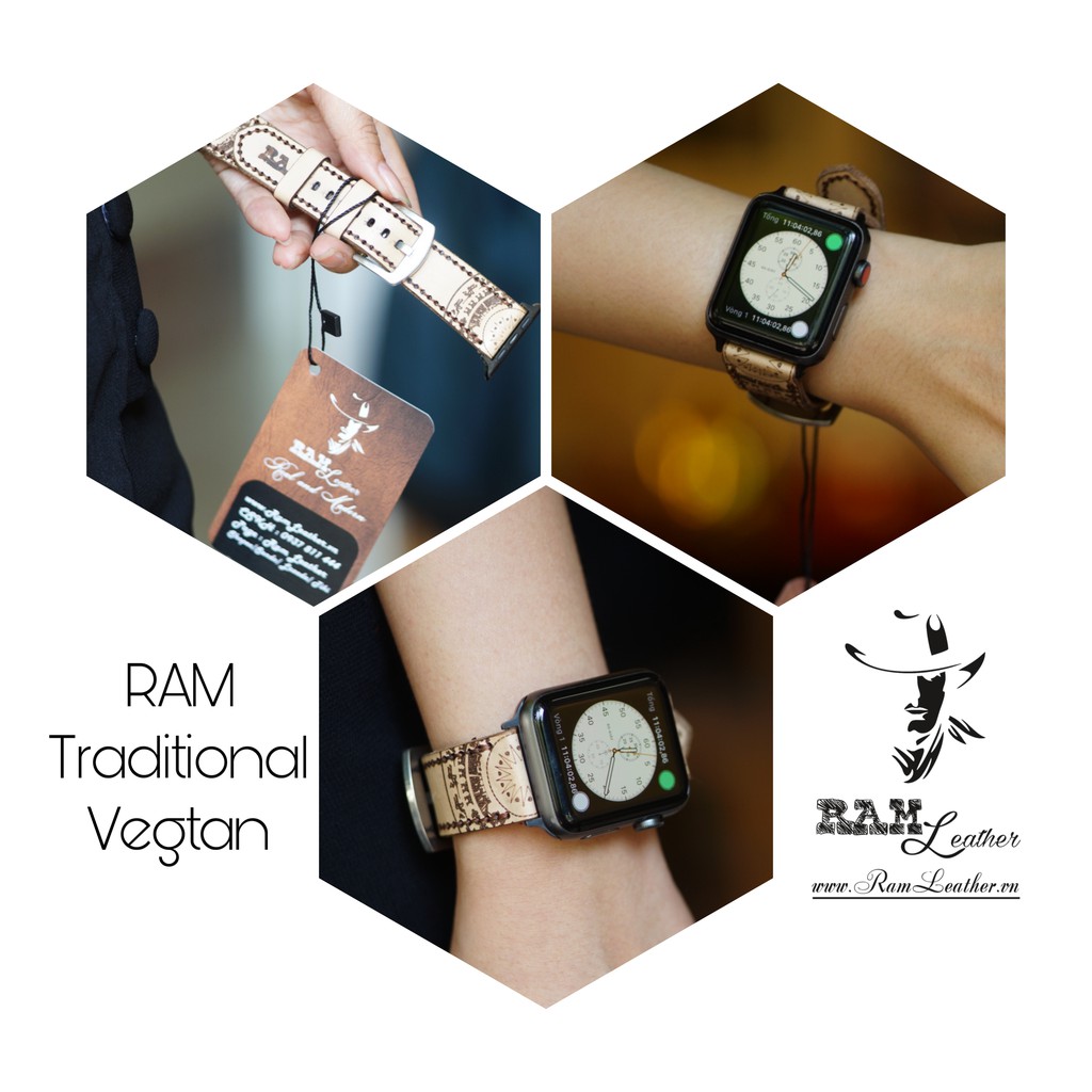 Dây Apple Watch , iWatch , iphone Watch da bò Italia Vegtan khắc Trống Đồng Việt Nam RAM Leather màu trắng