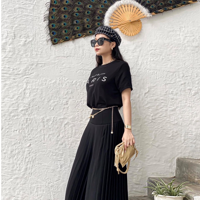 COCO SIN - Váy Midi Đen Dập Ly